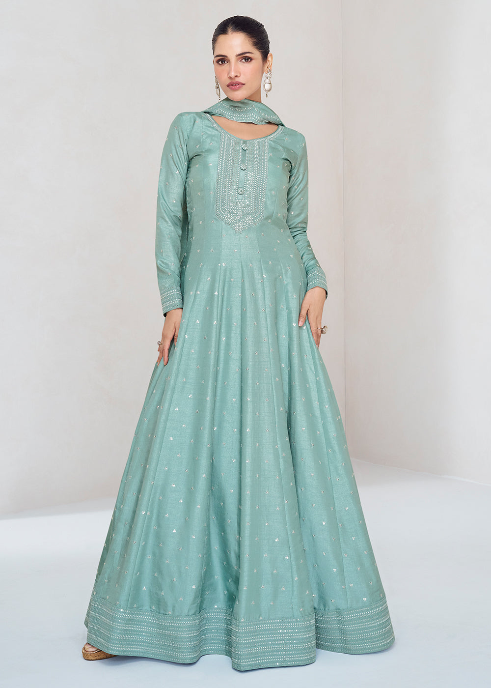 Columbia Blue Designer Embroidered Silk Anarkali Suit – Ethnos
