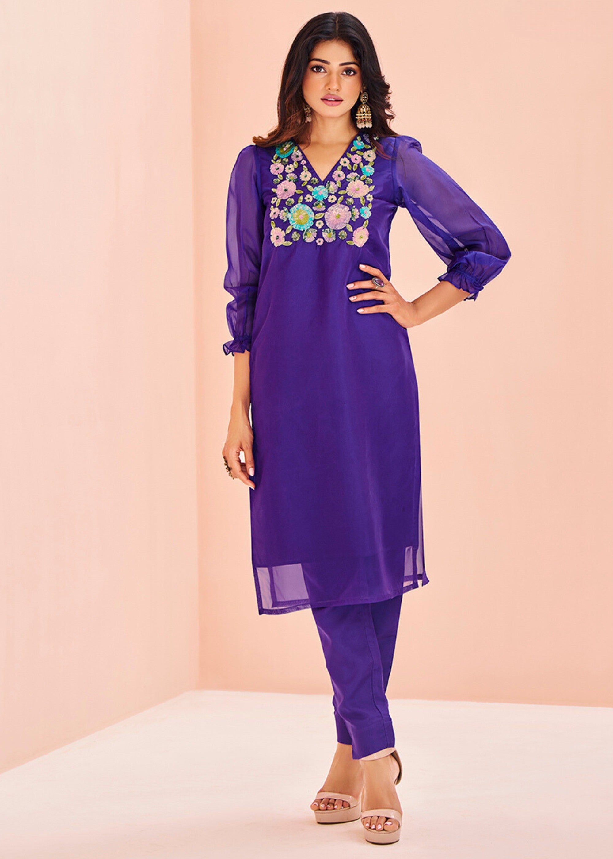 Purple Organza Silk Pant Straight