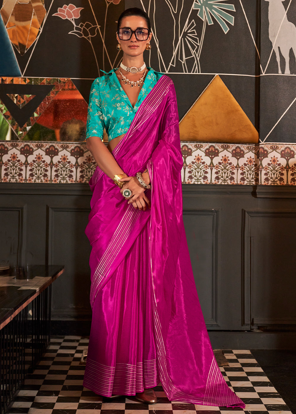 Magenta Pink Handloom Woven Viscose Satin Saree with Contrast Blouse –  Ethnos