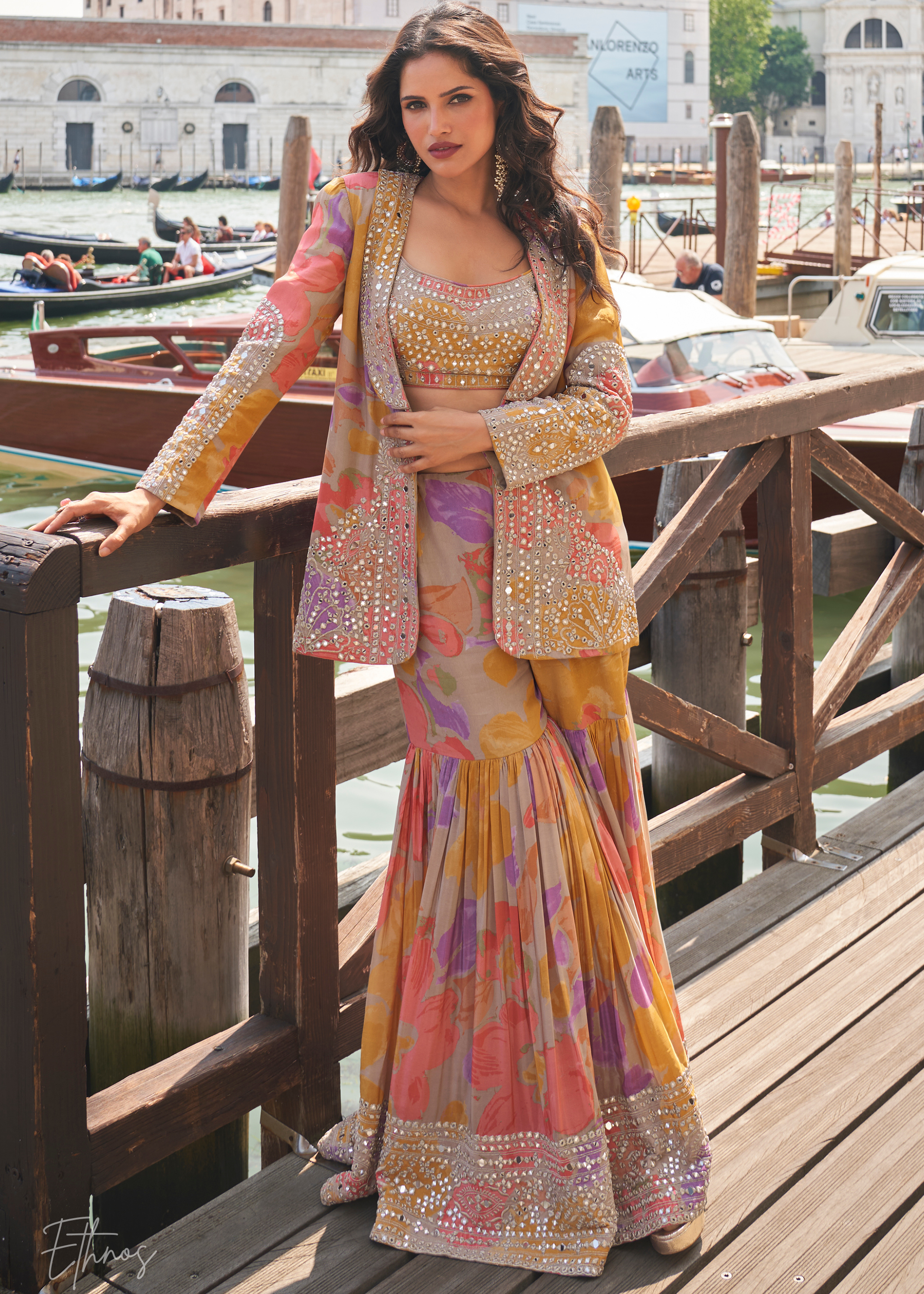 modern sharara dress with jacket Bright Yellow Embellished Chinon Silk Jacket Sharara Set