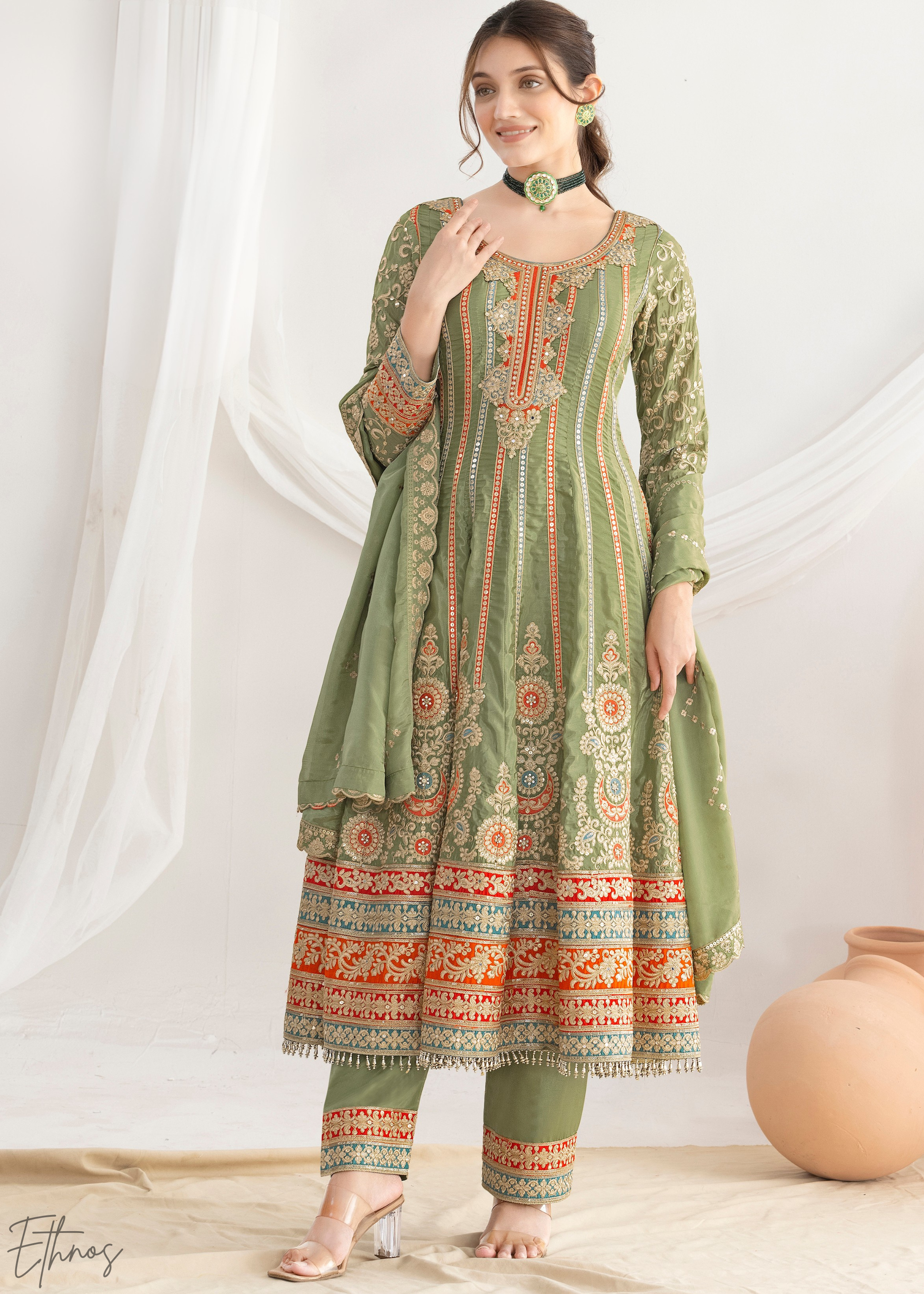 open lace back dress Olive Green Embroidered Silk Anarkali Suit – Ethnos