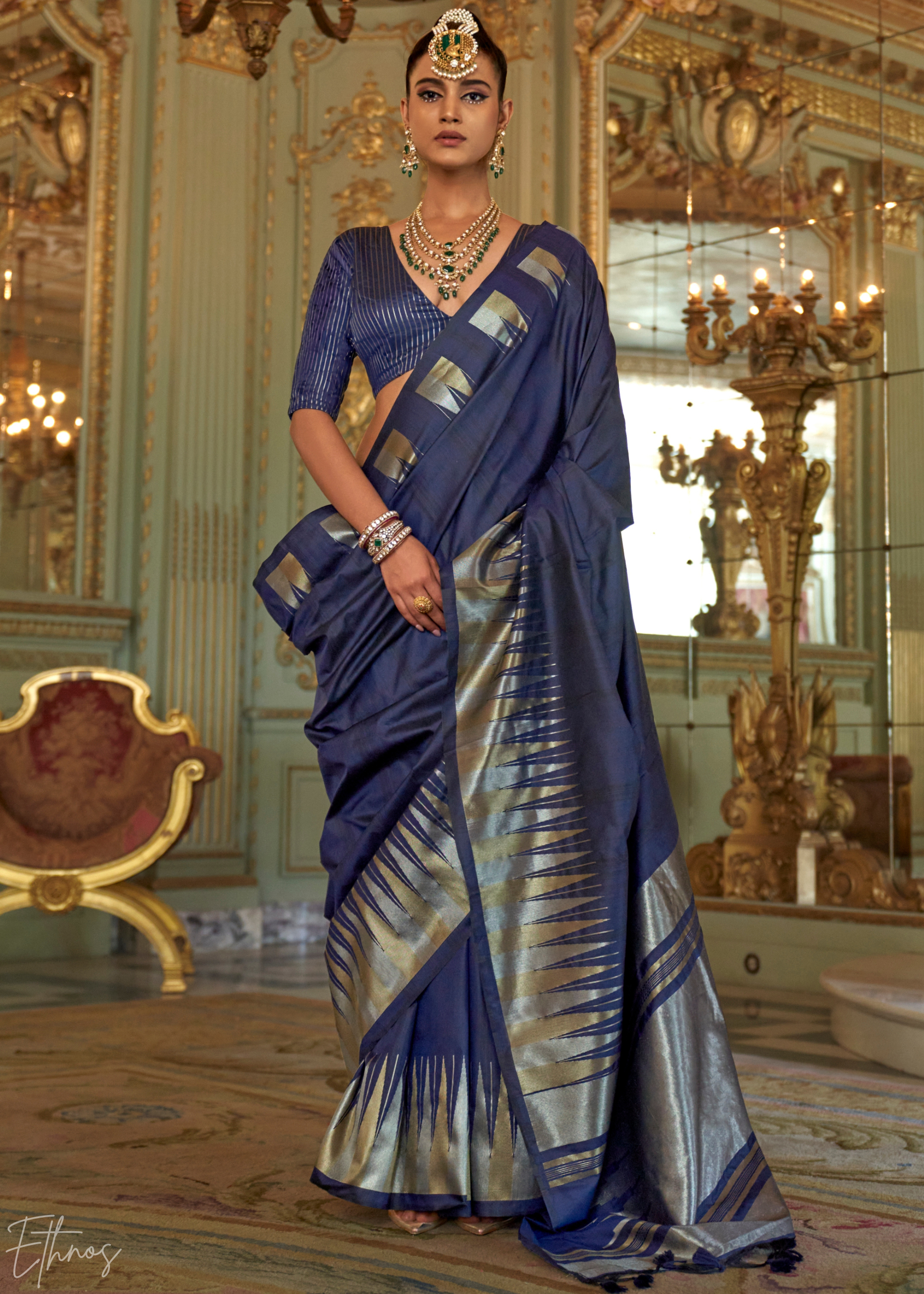 Royal Navy Metallic Temple Wave Silk Saree – Ethnos
