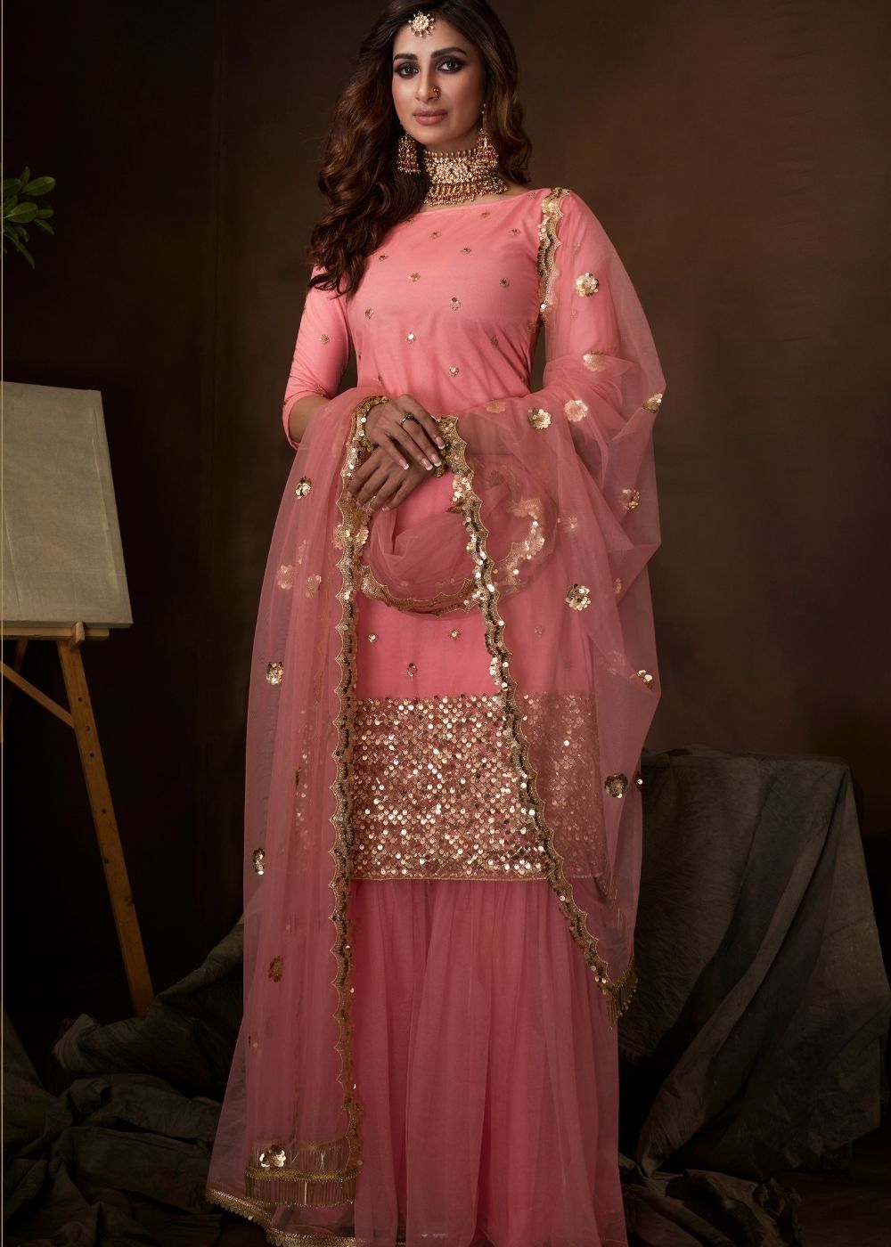 open lace back dress Shop Online Pink Chinon Sharara Suit  vastradi.com