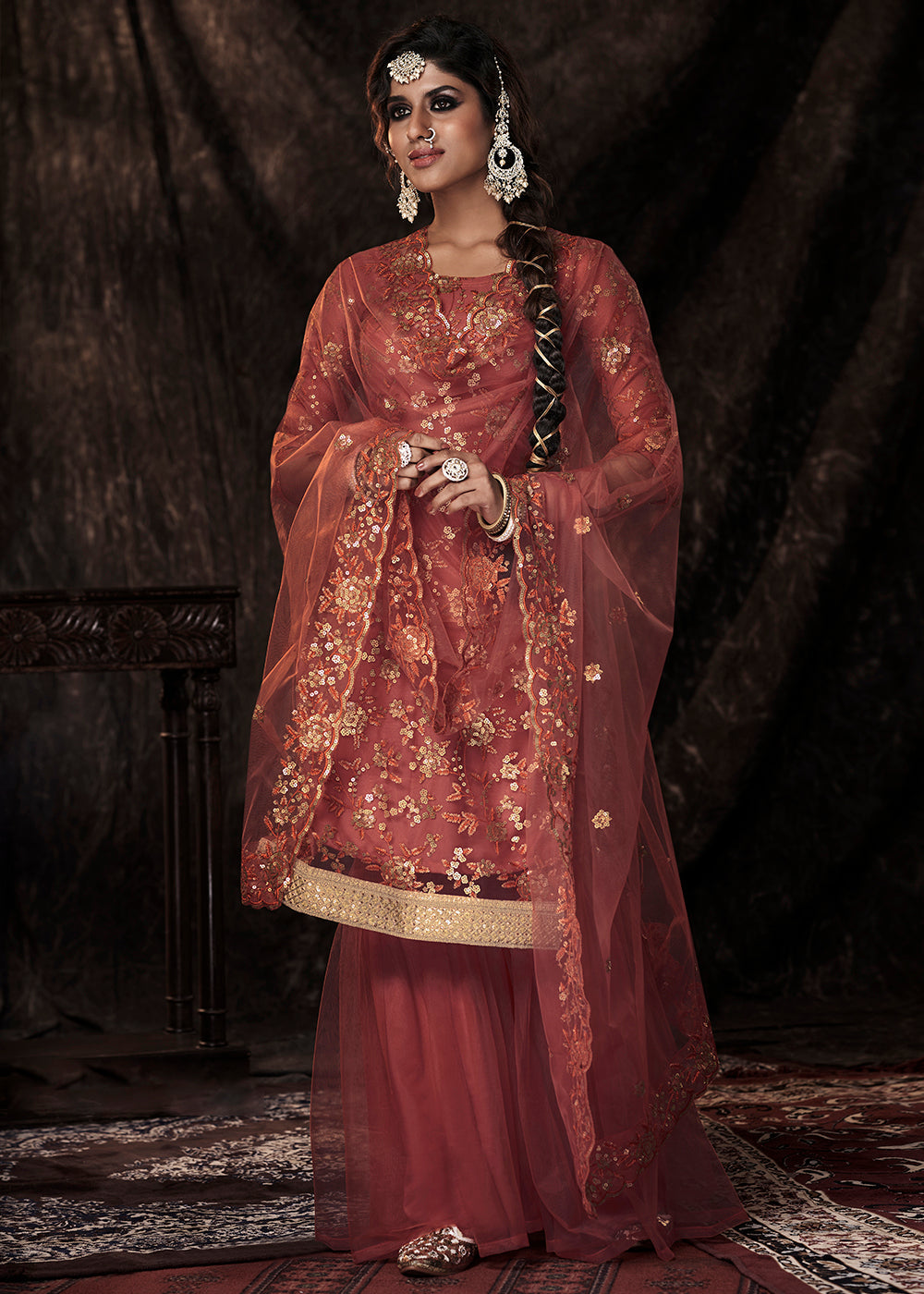 brown sharara dress Rust Brown Embroidered Wedding Wear Sharara Suit M