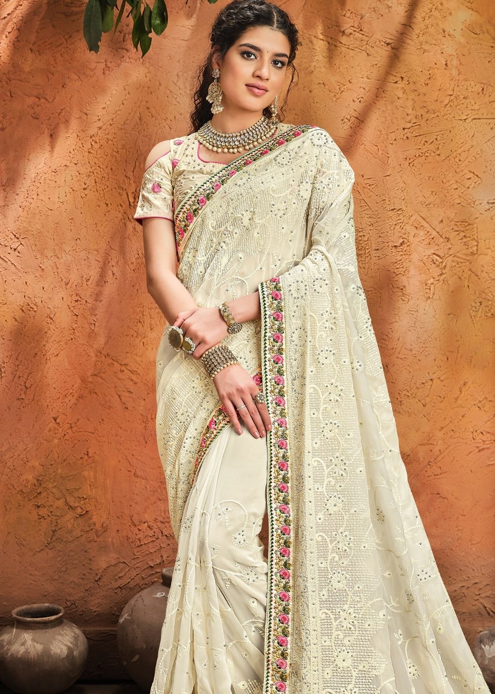 Linen White Pure Georgette Saree with Moti, Cut-Dana Lucknowi