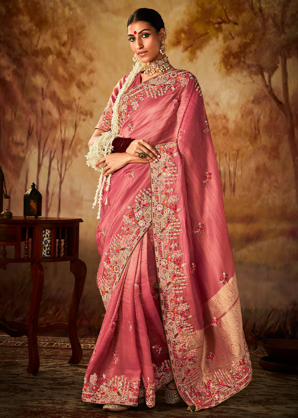 Stone Work Sarees Banarasi Saree For Bride With Price Rouge Pink