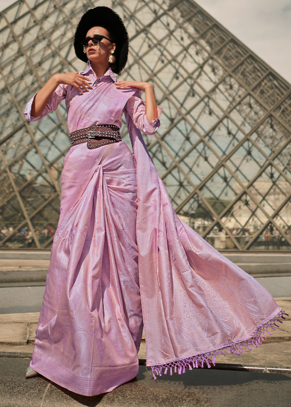 Lilac Purple Satin Silk Saree