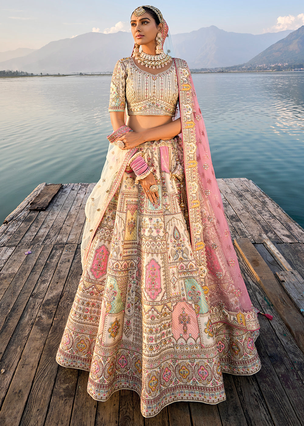 Cream White Banarasi Silk Bridal Lehenga Choli with Heavy