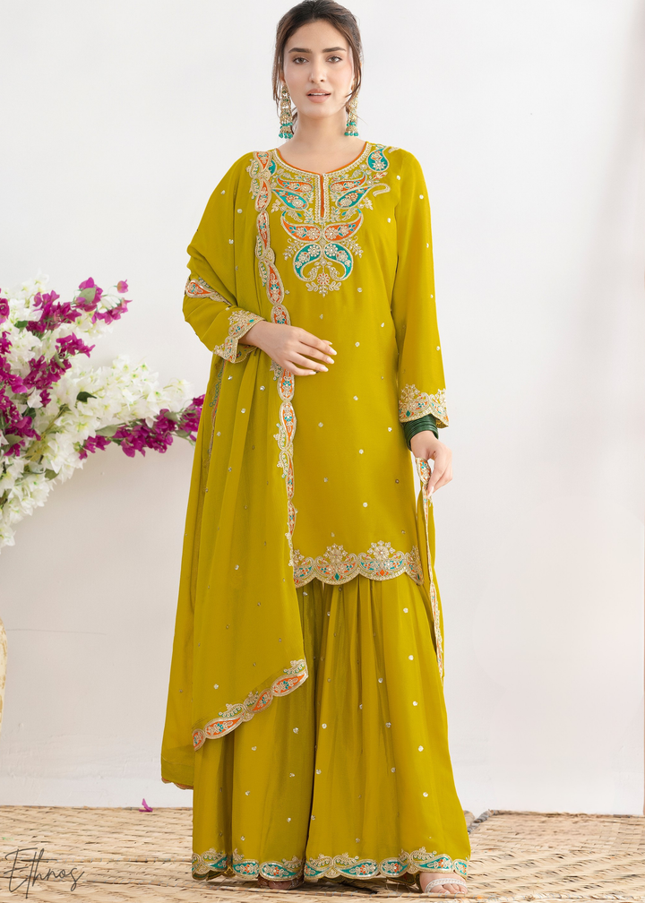 Olive Green Appliqué Chinon Sharara Suit