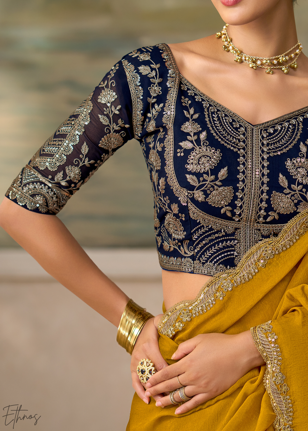 Olive Gold Ruffle Border Georgette Saree