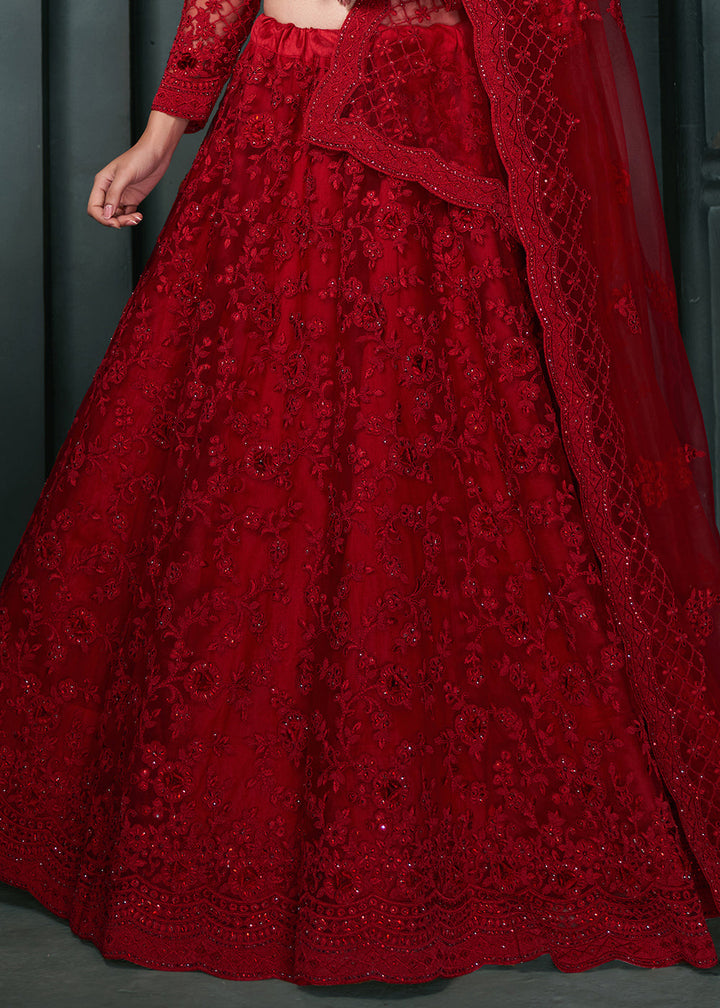 Dark Crimson Red Net Lehenga Choli Beautifully Embroidered with Thread, Badla work & all Over Embellishments Stone work