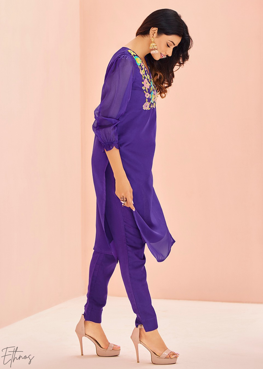 Electric Blue Embroidered Organza Pant Suit