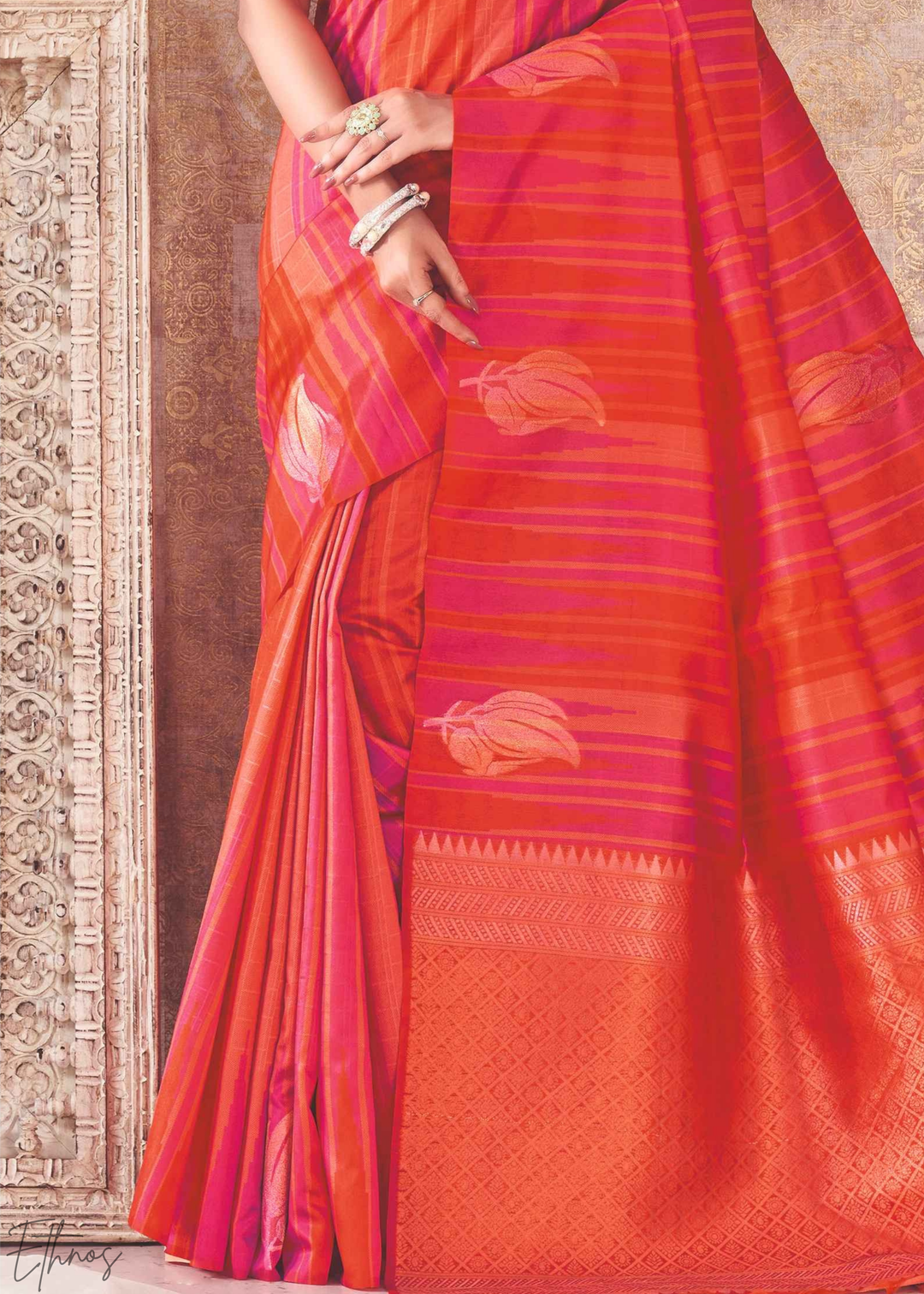 Coral Stripe Jacquard Cotton Saree