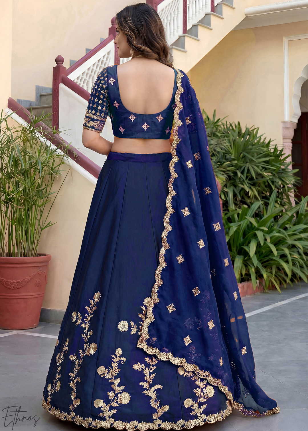 Deep Sapphire Floret Zari Rangoli Silk Lehenga