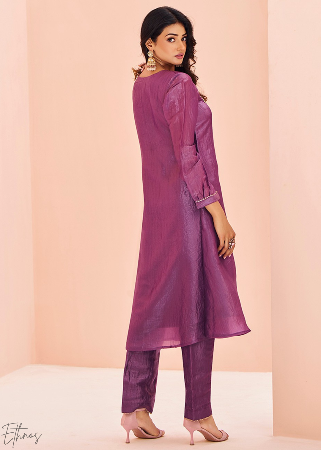 Plum Purple Paisley-Embroidered Organza Pant Suit