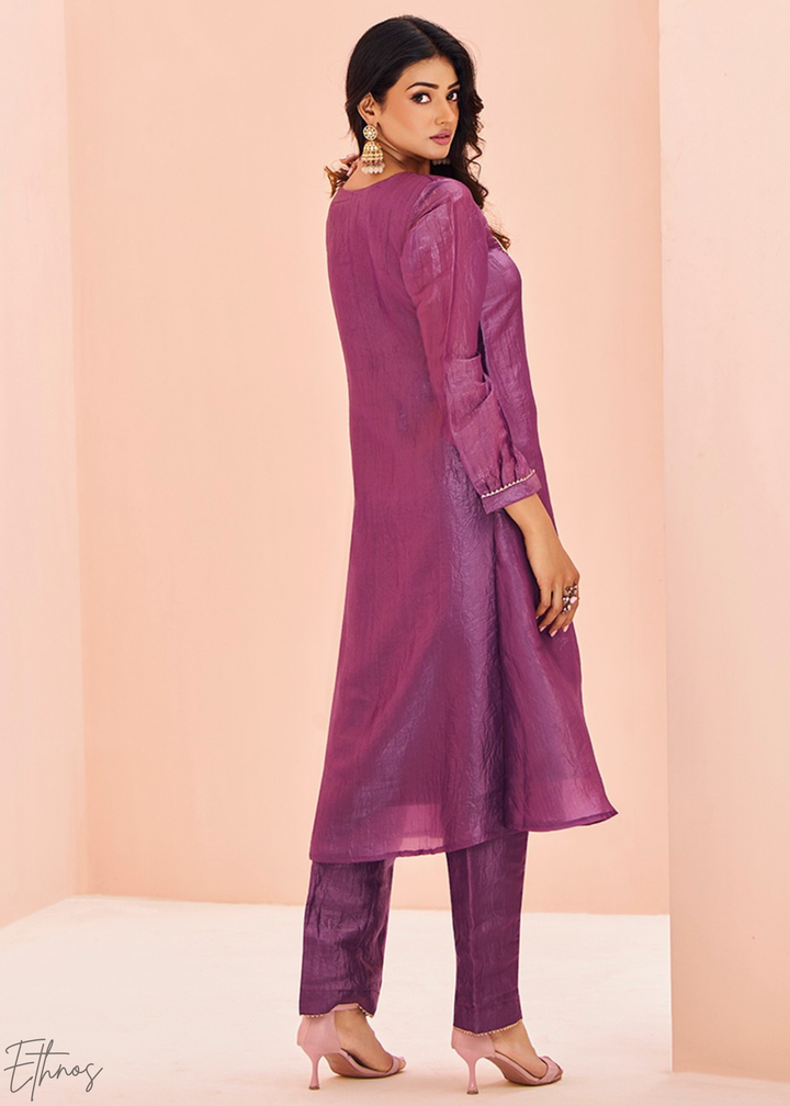 Plum Purple Paisley-Embroidered Organza Pant Suit