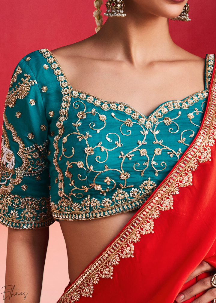 Crimson Scarlet Paisley Trim Border Soft Silk Saree