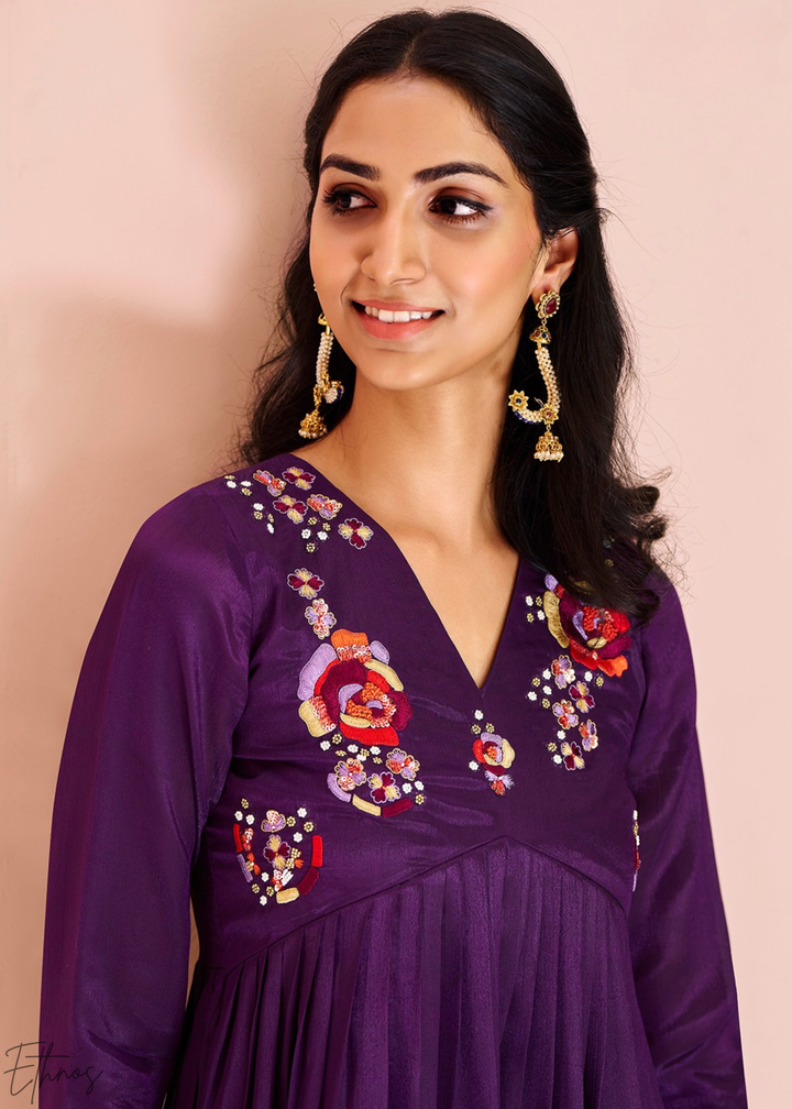 Wine Purple Yoke Embroidered Frock Kurti Palazzo Set