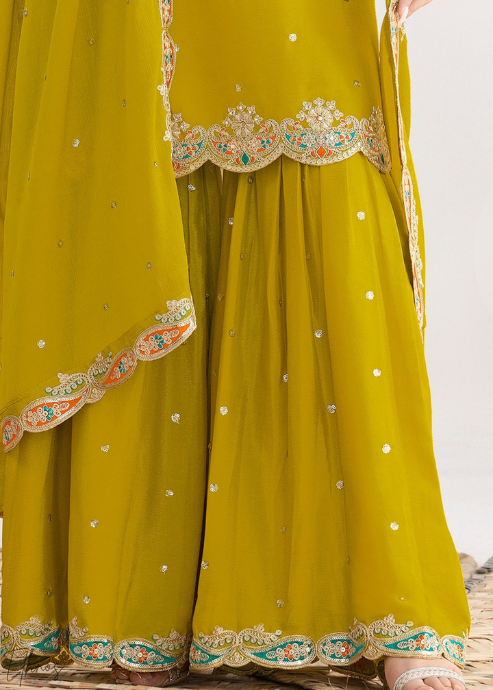 Olive Green Appliqué Chinon Sharara Suit