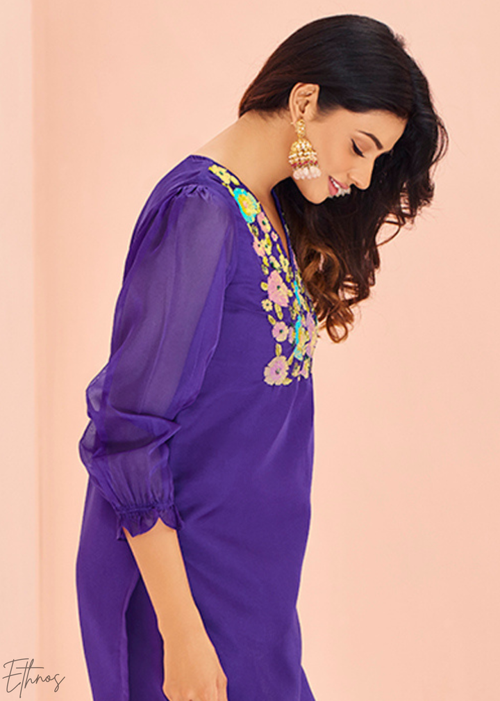 Electric Blue Embroidered Organza Pant Suit