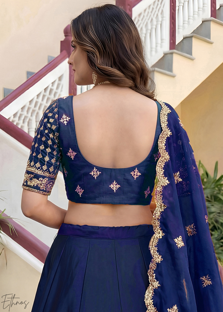 Deep Sapphire Floret Zari Rangoli Silk Lehenga