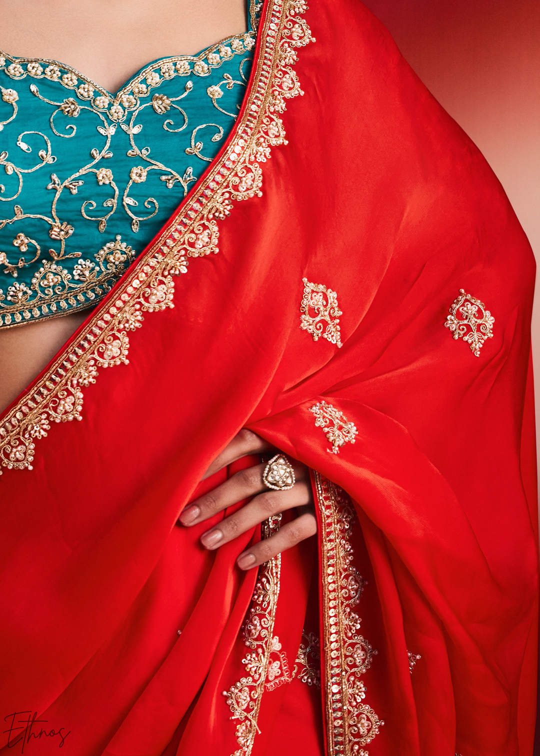 Crimson Scarlet Paisley Trim Border Soft Silk Saree