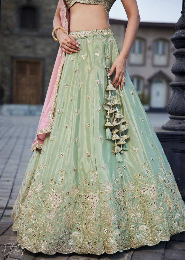 Mint Green Embroidered Scalloped-Border Silk Lehenga