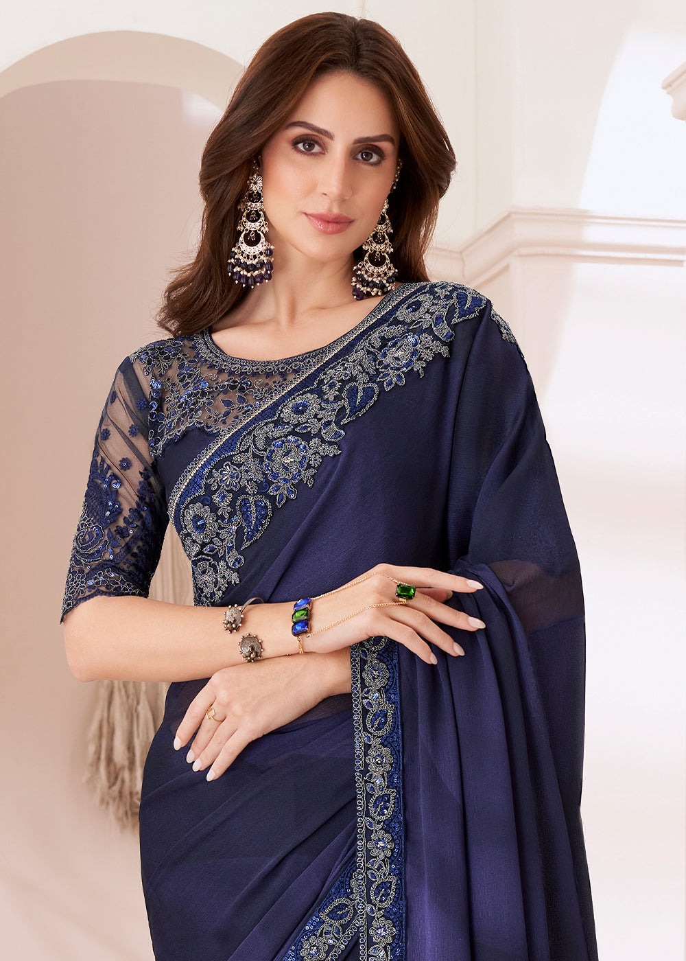Indigo Purple Designer Satin Chiffon Saree