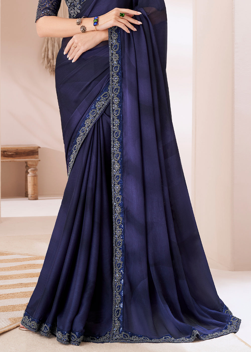Indigo Purple Designer Satin Chiffon Saree