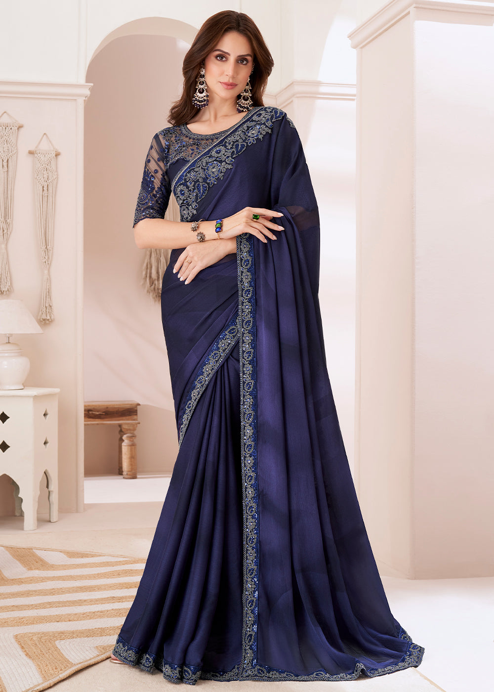 Indigo Purple Designer Satin Chiffon Saree