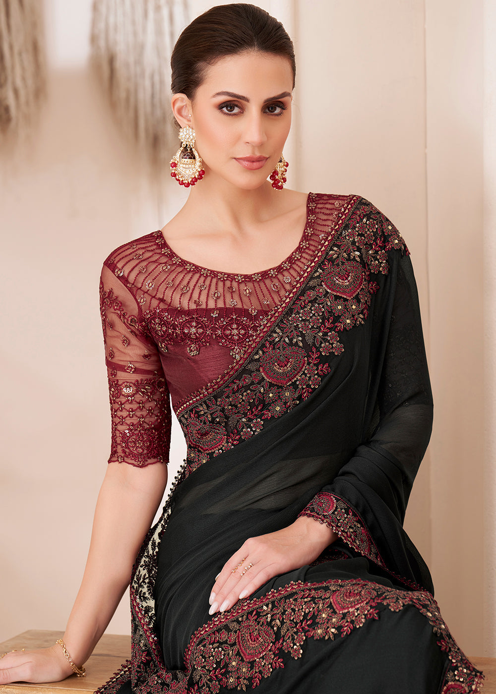 Midnight Black Designer Embroidered Silk Chiffon Saree : Top Pick