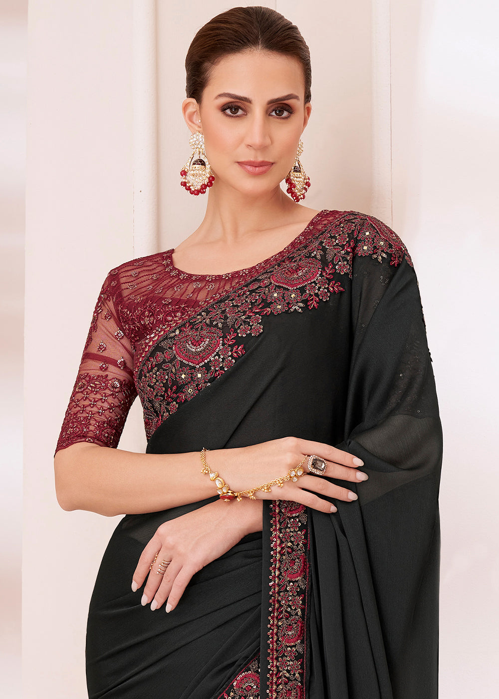 Midnight Black Designer Embroidered Silk Chiffon Saree : Top Pick
