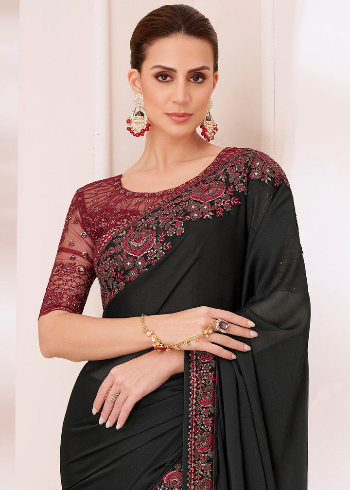 Midnight Black Designer Embroidered Silk Chiffon Saree : Top Pick