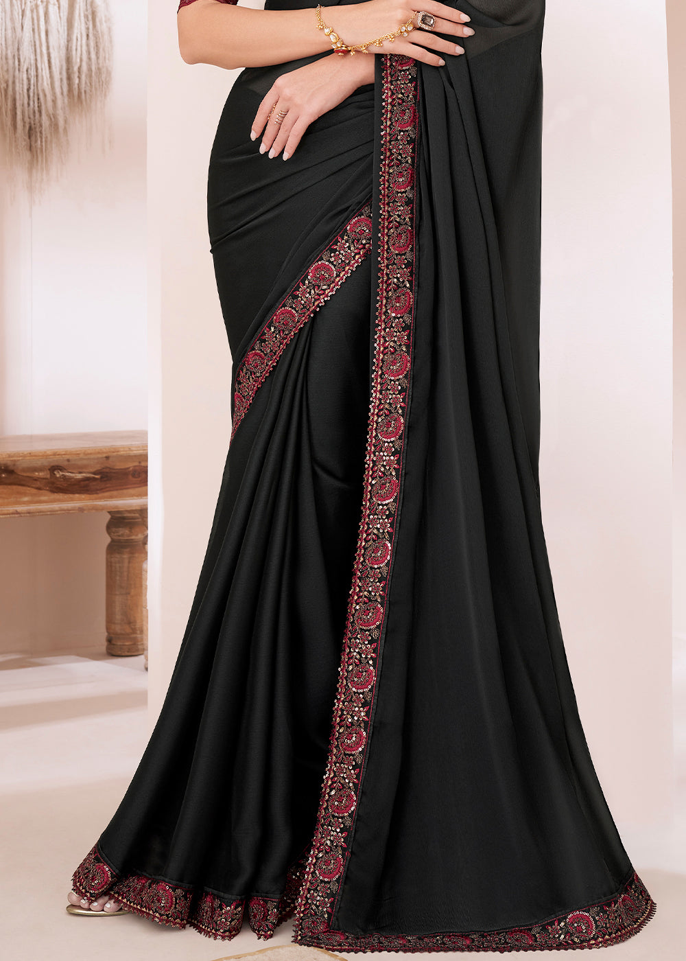 Midnight Black Designer Embroidered Silk Chiffon Saree : Top Pick
