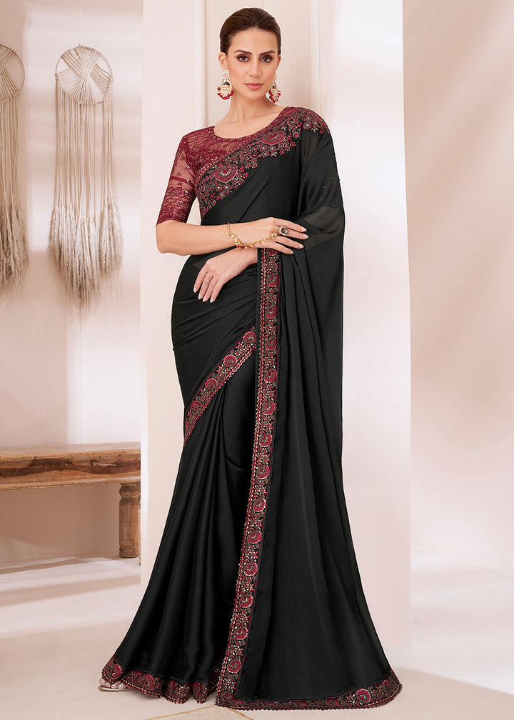 Midnight Black Designer Embroidered Silk Chiffon Saree : Top Pick