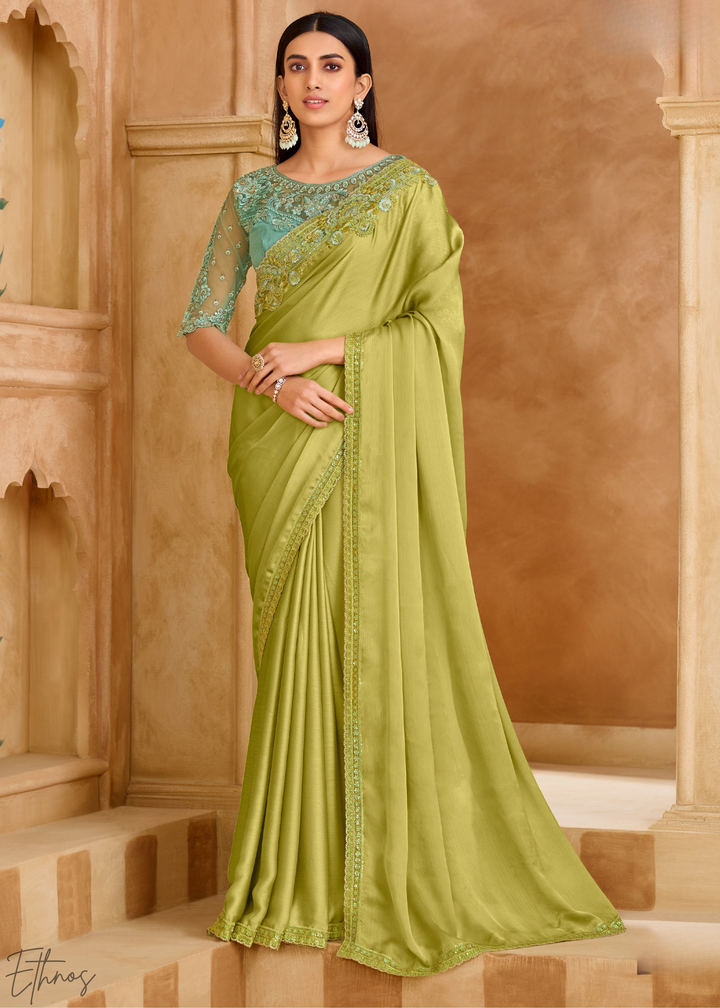 Spring Lime Delicate Vine Satin Chiffon Saree