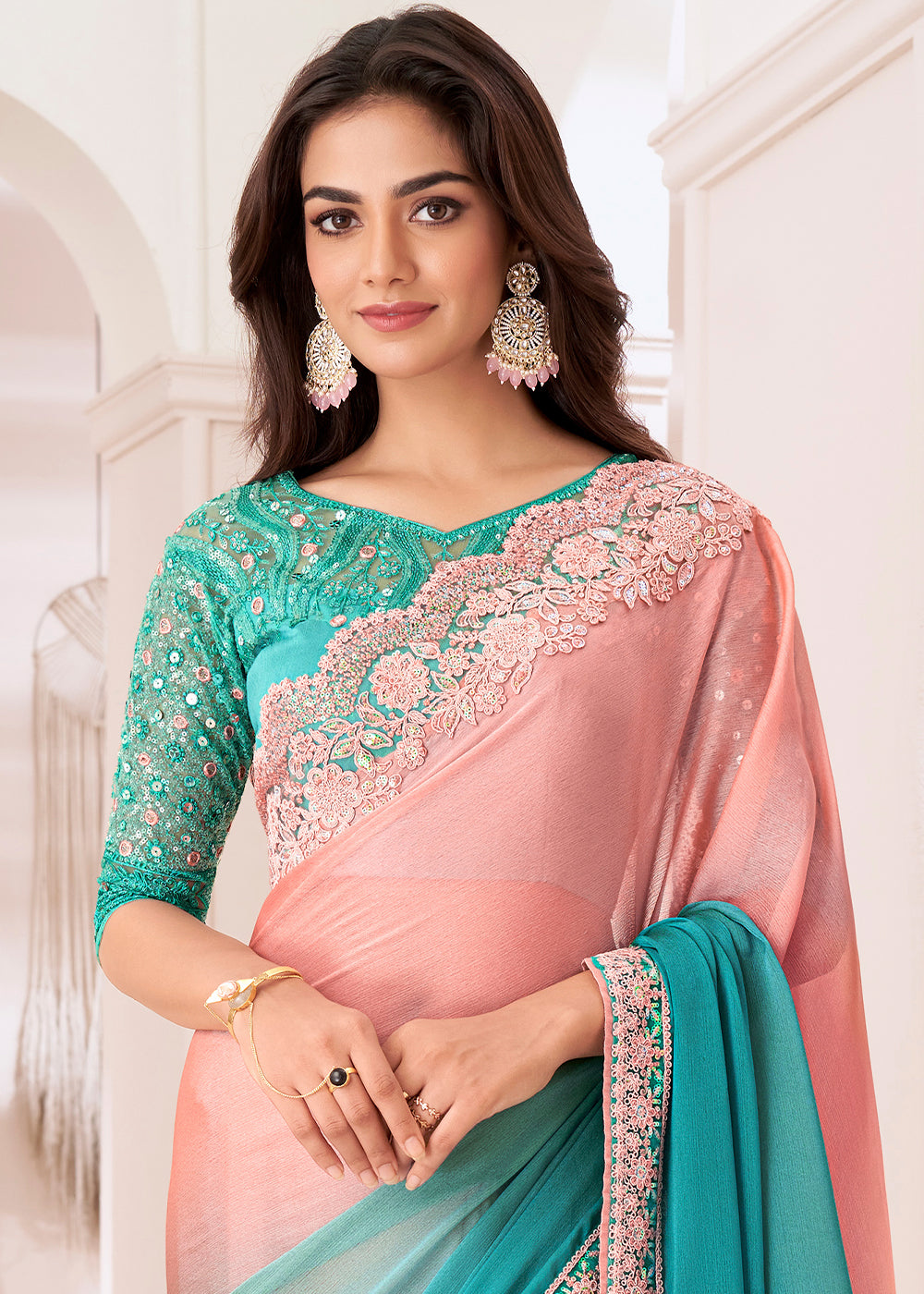 Blue & Pink Designer Embroidered Shaded Chiffon Saree