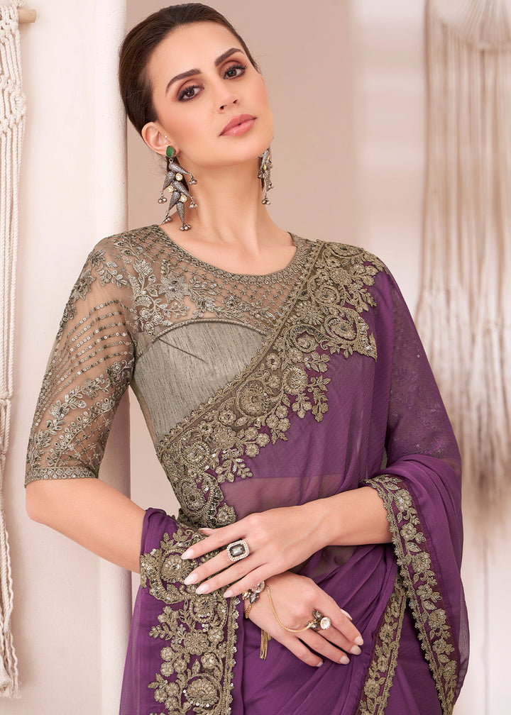 Royal Purple Designer Chiffon Saree