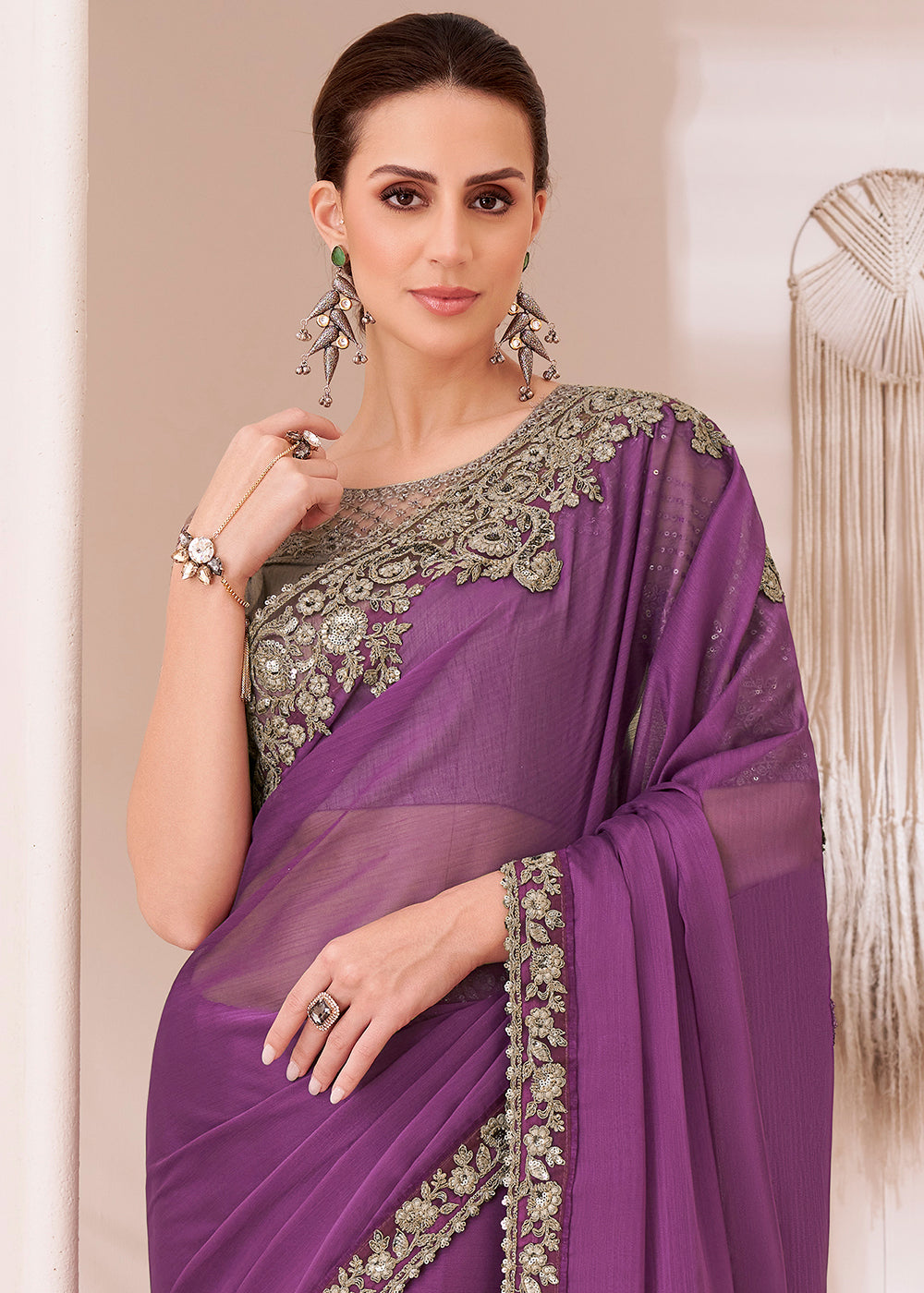Royal Purple Designer Chiffon Saree