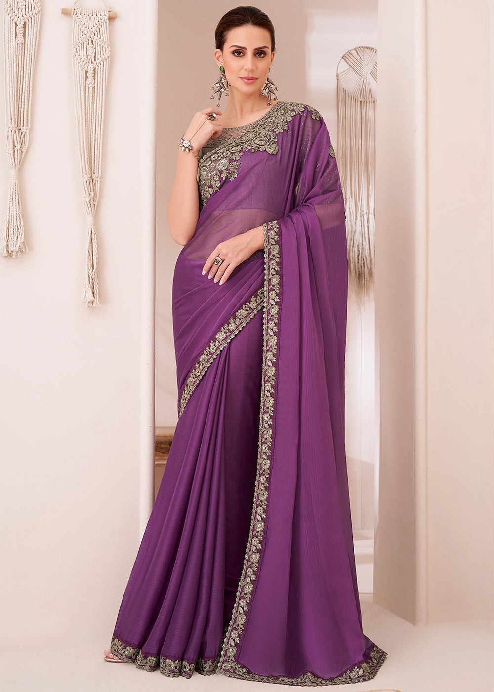 Royal Purple Designer Chiffon Saree