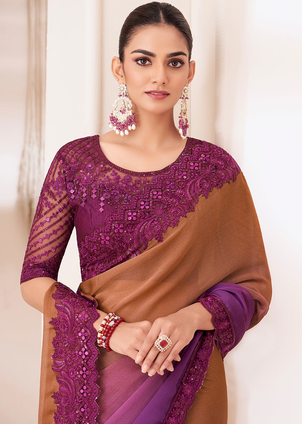Brown & Purple Designer Shaded Chiffon Saree
