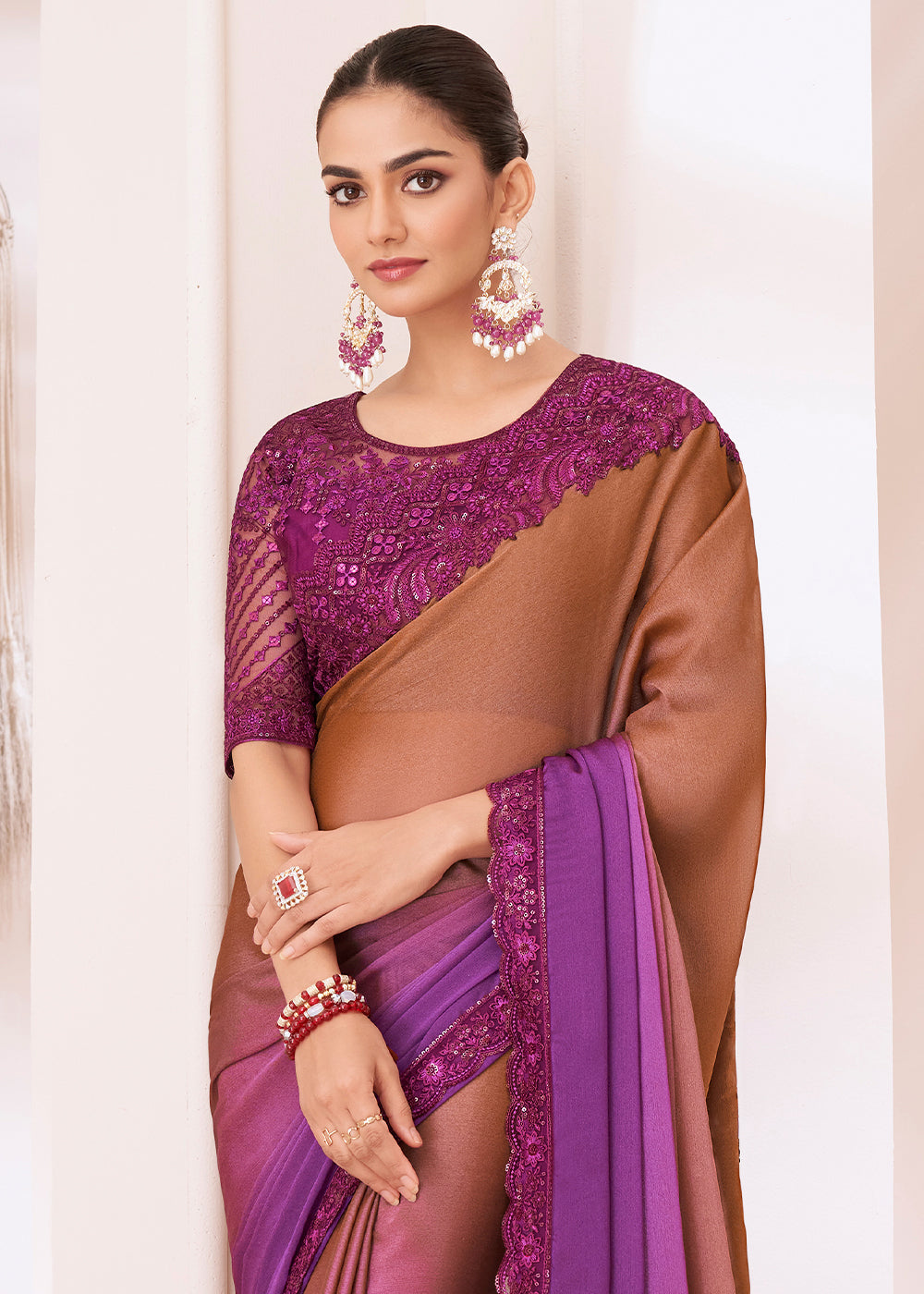 Brown & Purple Designer Shaded Chiffon Saree