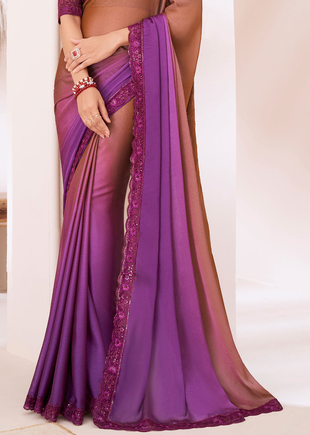 Brown & Purple Designer Shaded Chiffon Saree