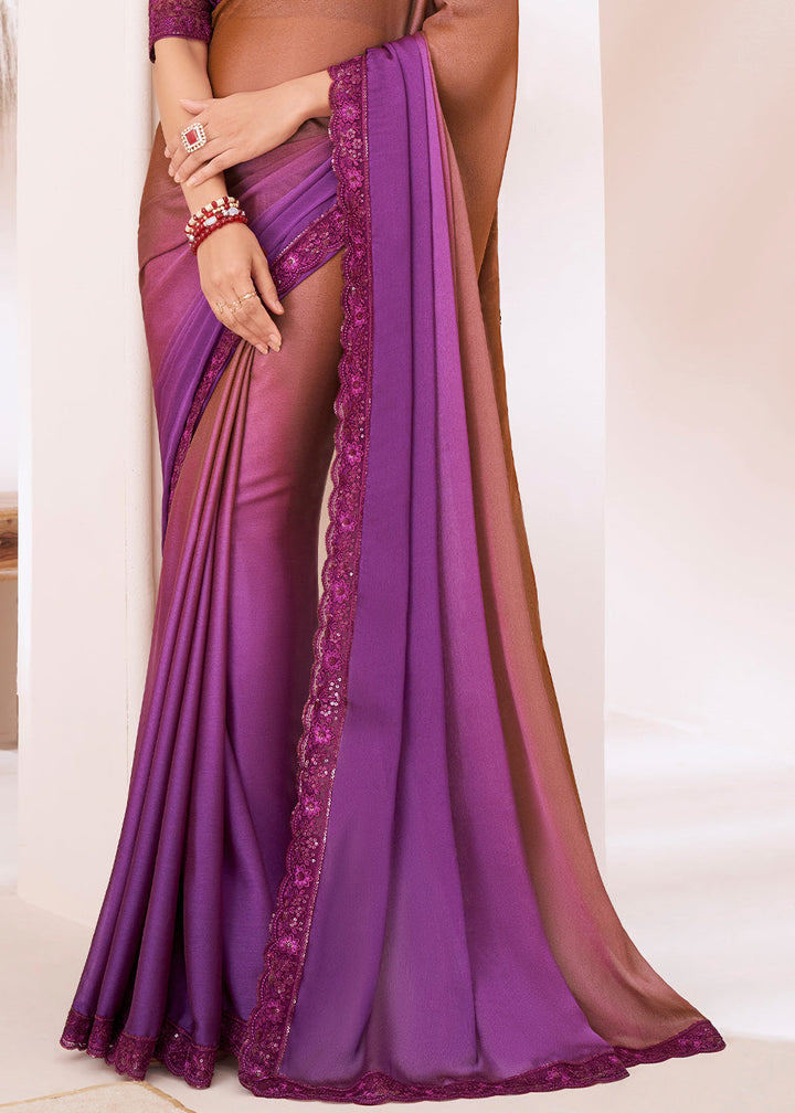 Brown & Purple Designer Shaded Chiffon Saree