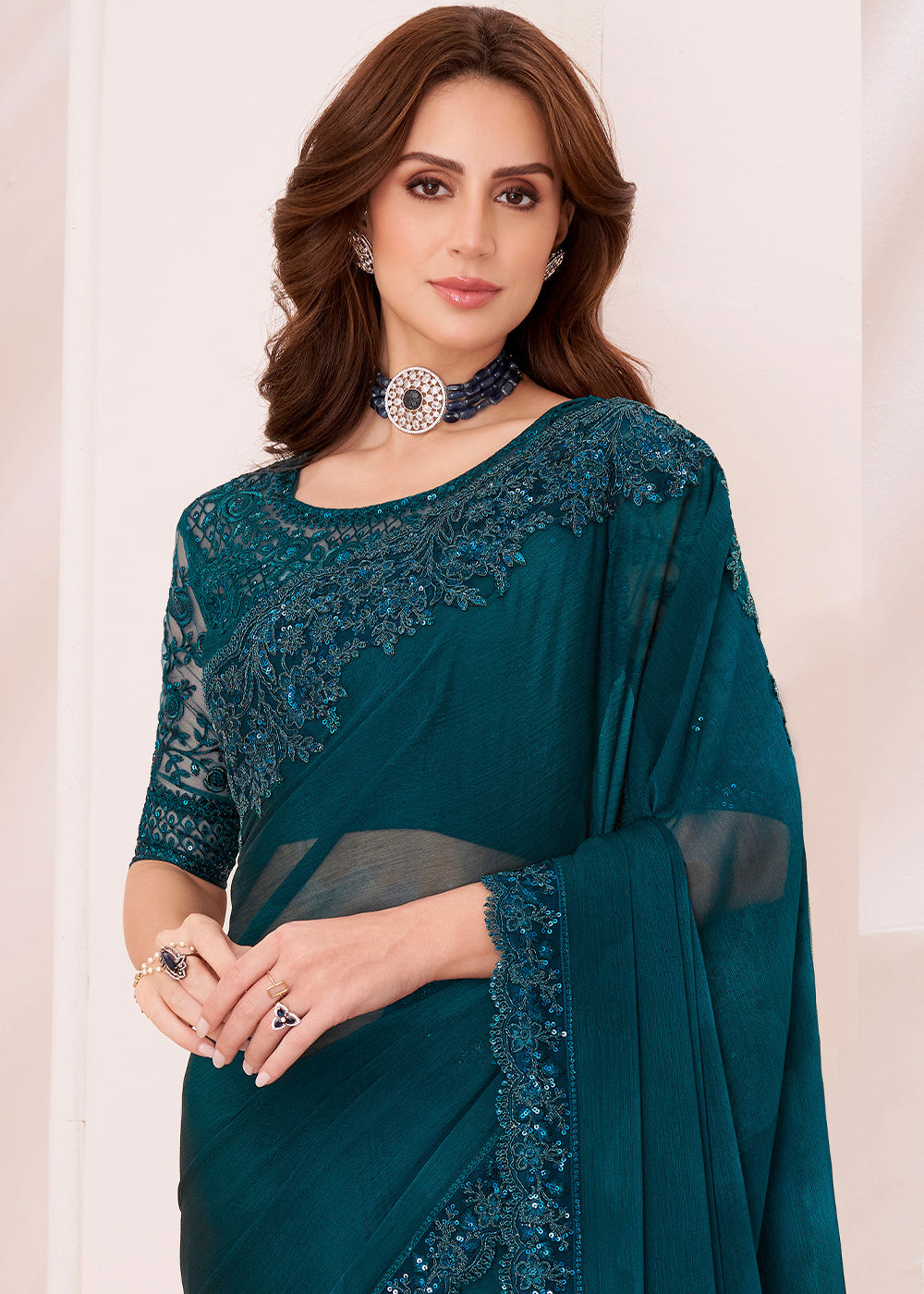 Dark Yale Blue Designer Shaded Chiffon Saree