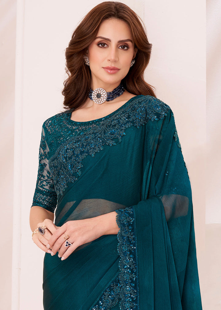 Dark Yale Blue Designer Shaded Chiffon Saree