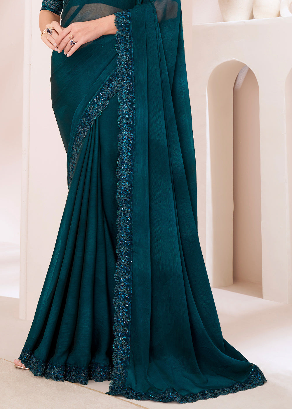 Dark Yale Blue Designer Shaded Chiffon Saree