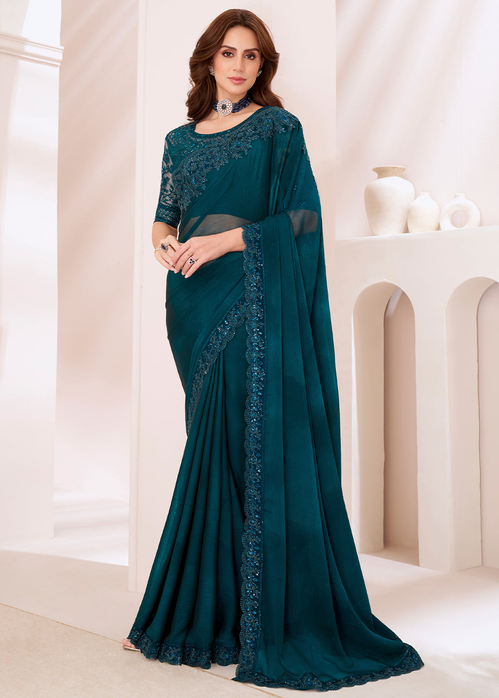 Dark Yale Blue Designer Shaded Chiffon Saree