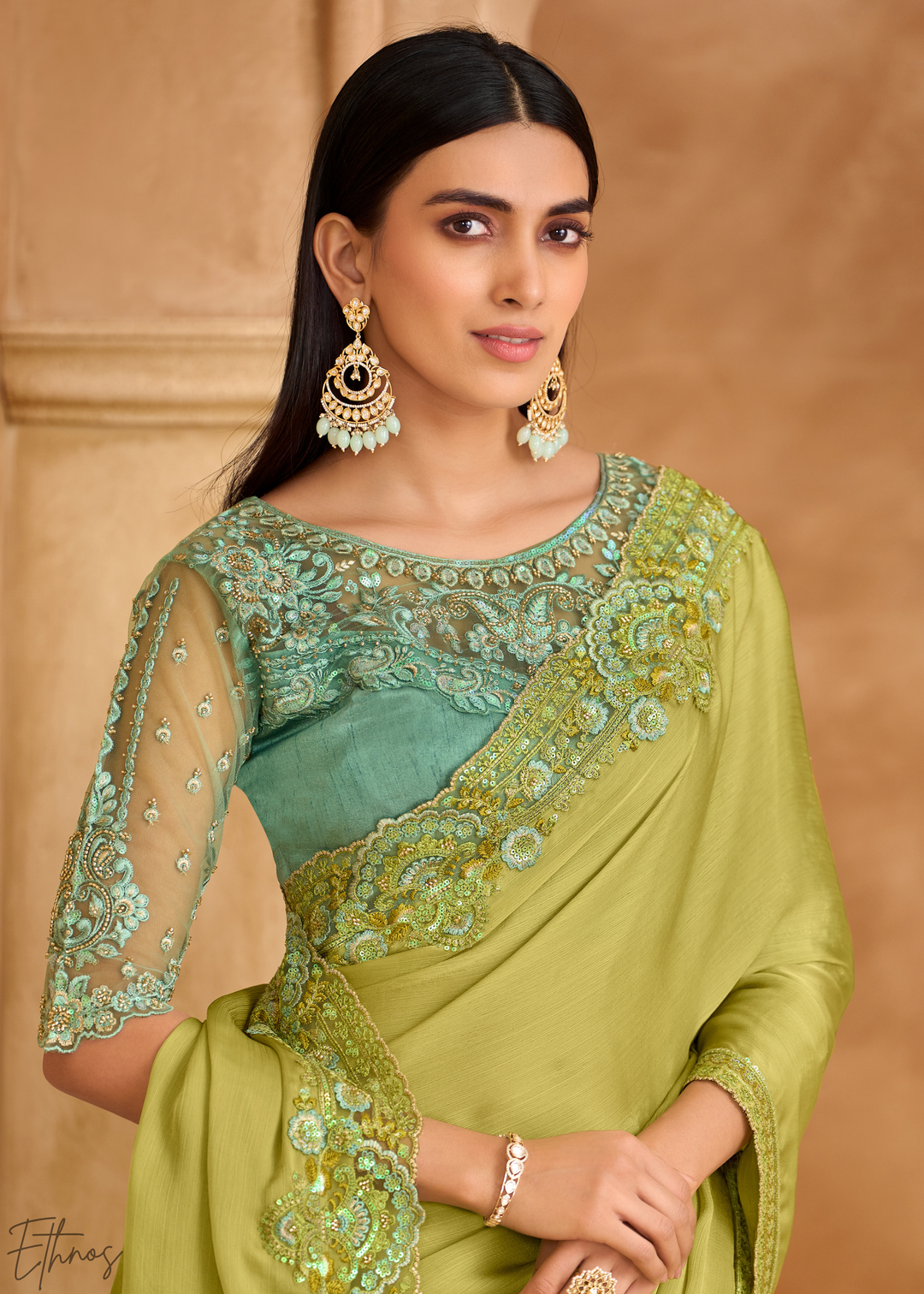 Spring Lime Delicate Vine Satin Chiffon Saree