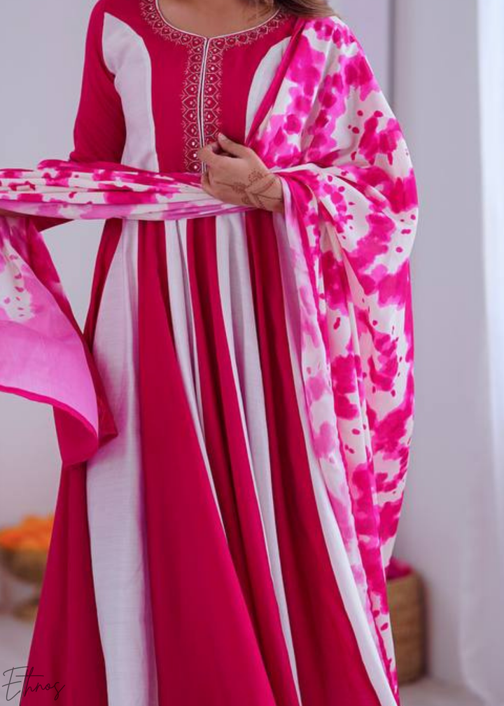 Pink & White Silk Printed Anarkali Suit